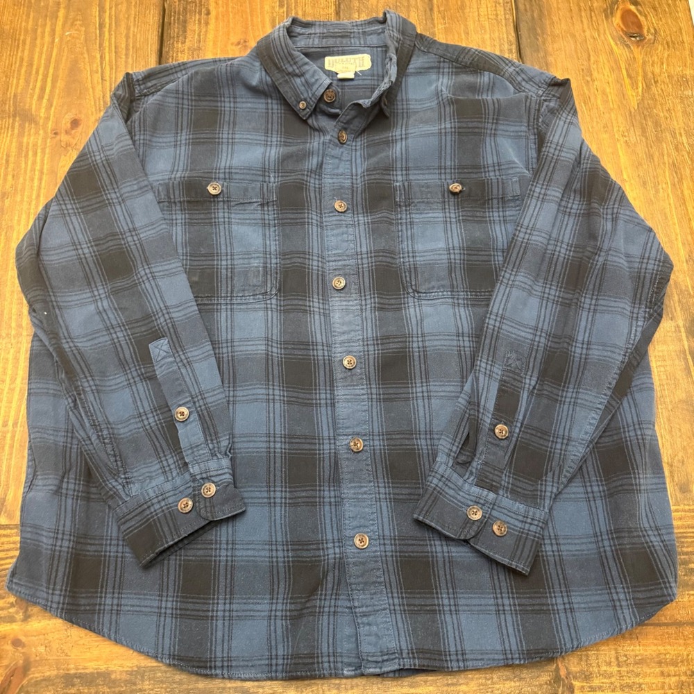 Duluth Trading Co Mens 2XL Blue Black Plaid Cotton‎ Flannel Button Down Shirt